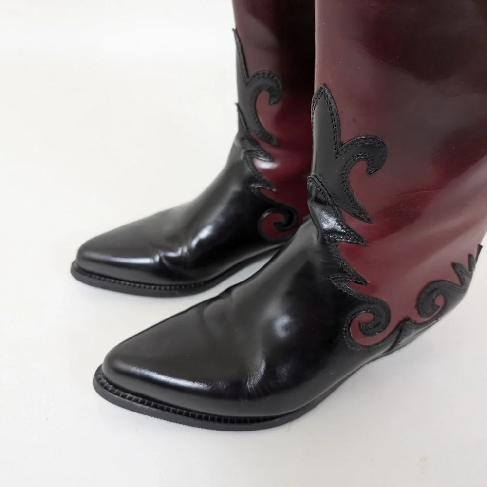 Pleather Ombre Boots Western Faux Leather PVC Round Toe Maroon Burgundy - Picture 7 of 10